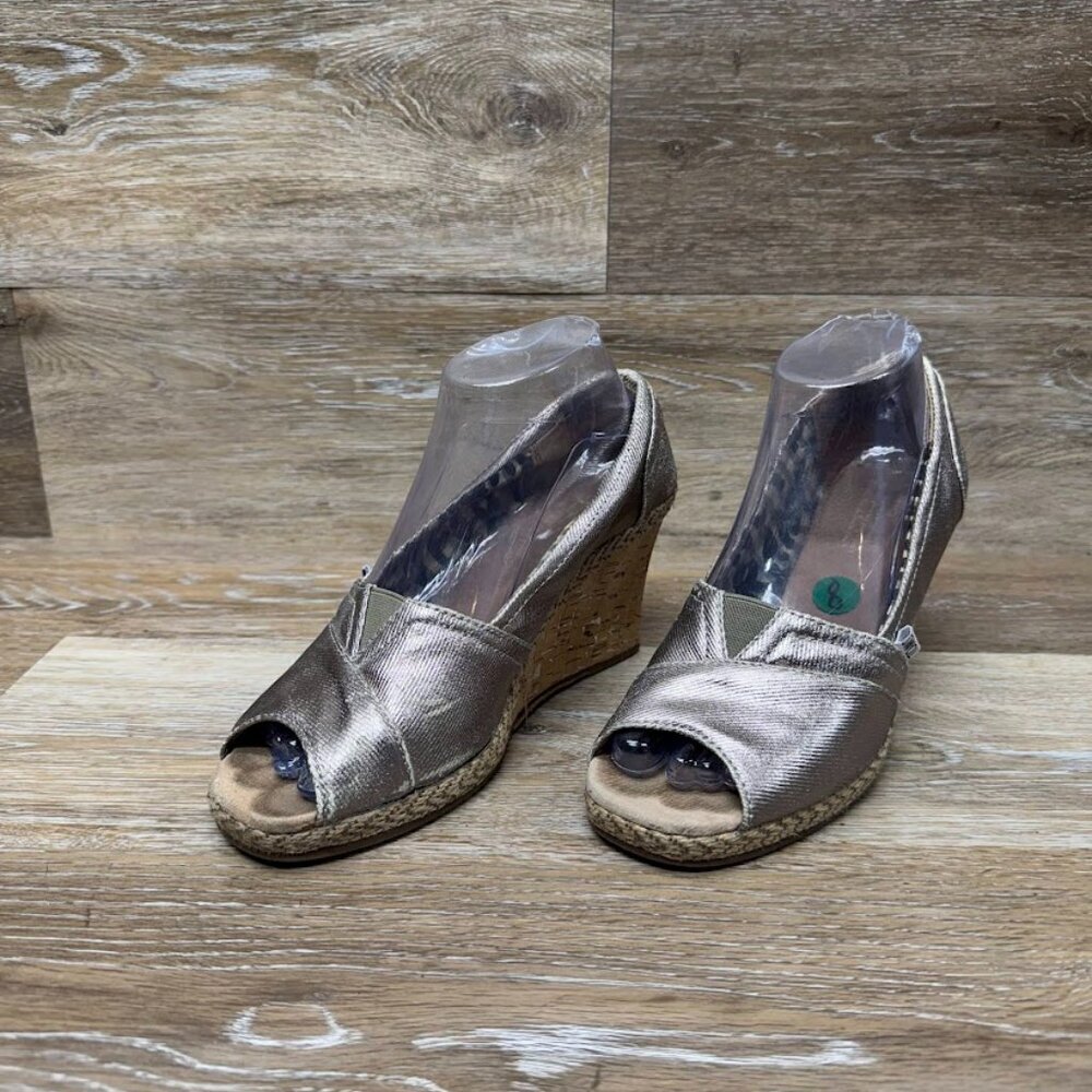 Toms Bennet Metallic Peep Toe Cork Wedge Shoe Women's Size 8
